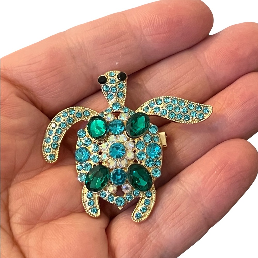 Crystal Turtle Brooch Pin in Teal and Emerald